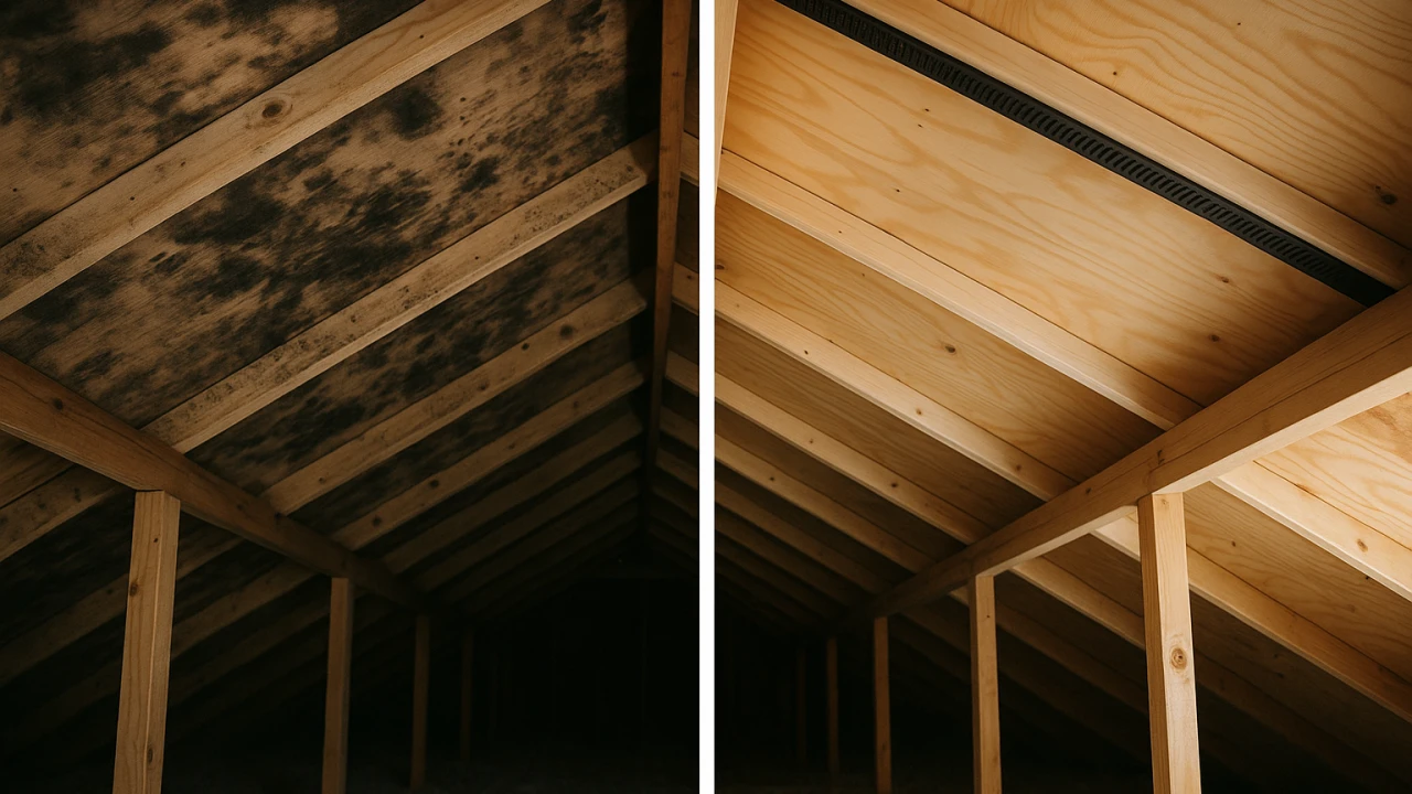 Mold staining on attic roof decking and trusses