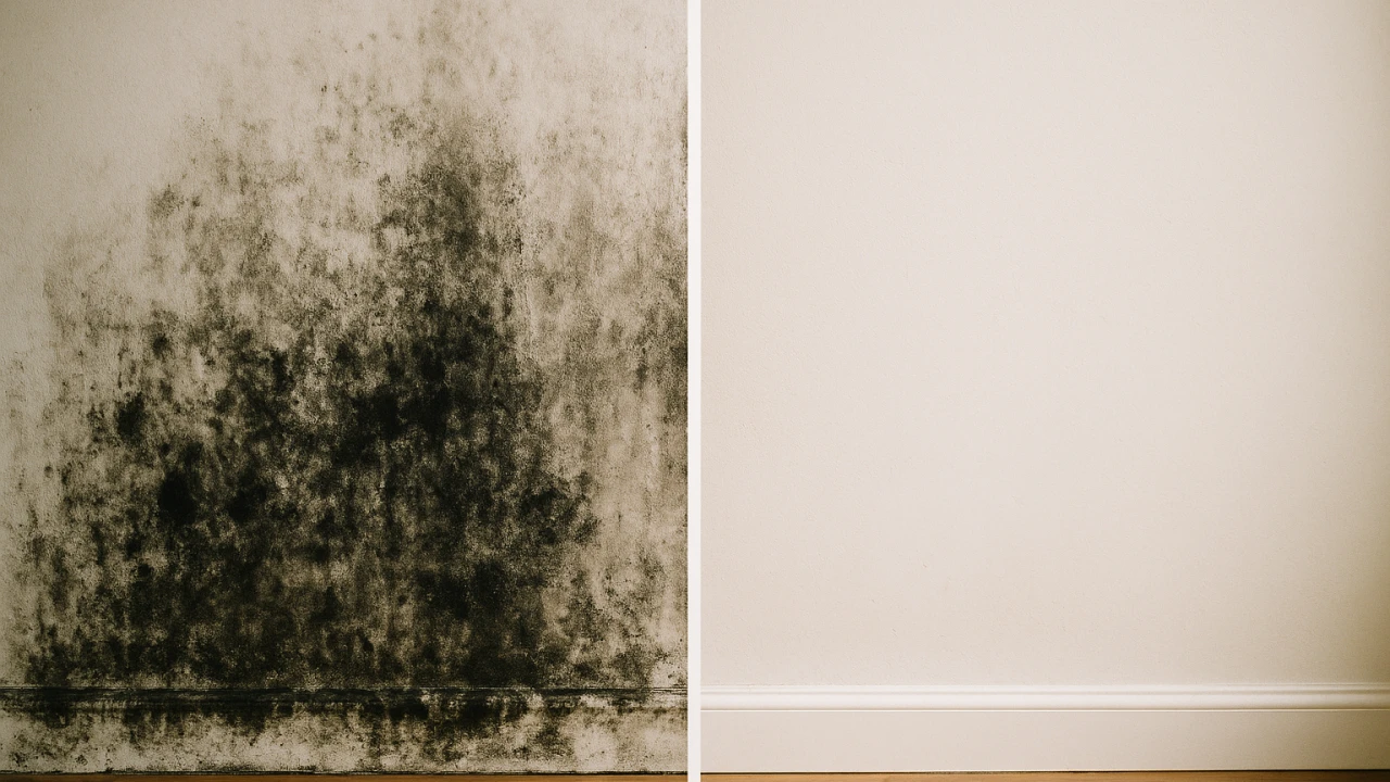 Dark black mold growth on a water-damaged interior wall