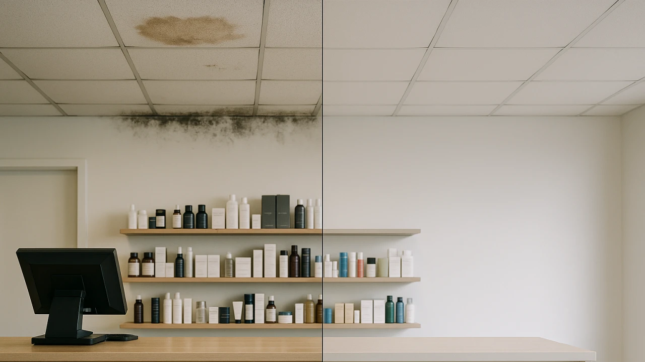 A commercial building interior being remediated for mold