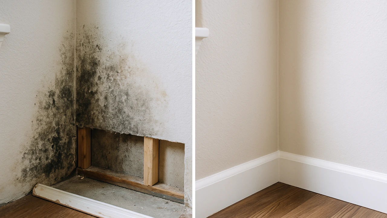 A mold inspector using a moisture meter on a baseboard in a Katy home