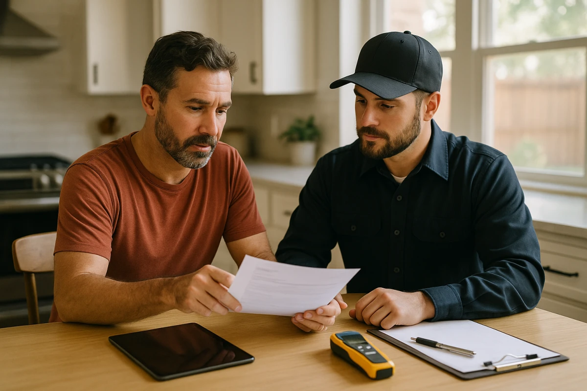 A homeowner reviewing a written mold remediation estimate at a kitchen table