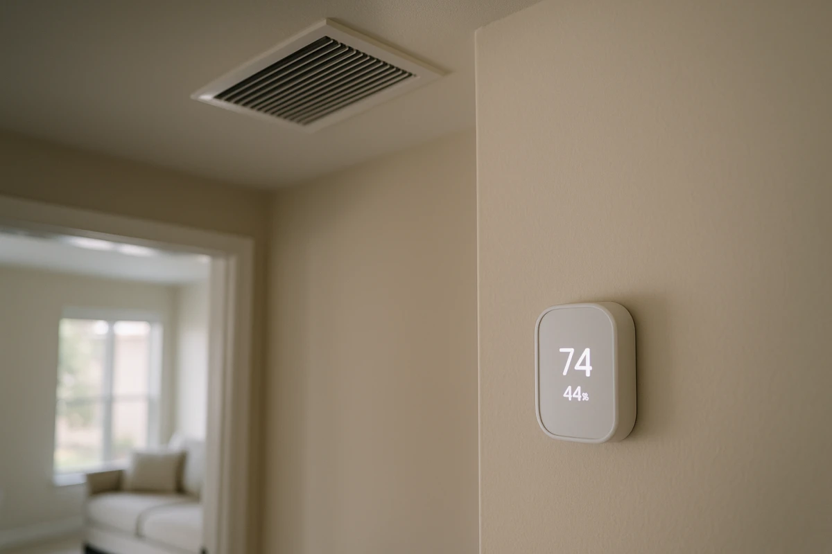 An AC vent and thermostat in a Katy home with a humidity reading
