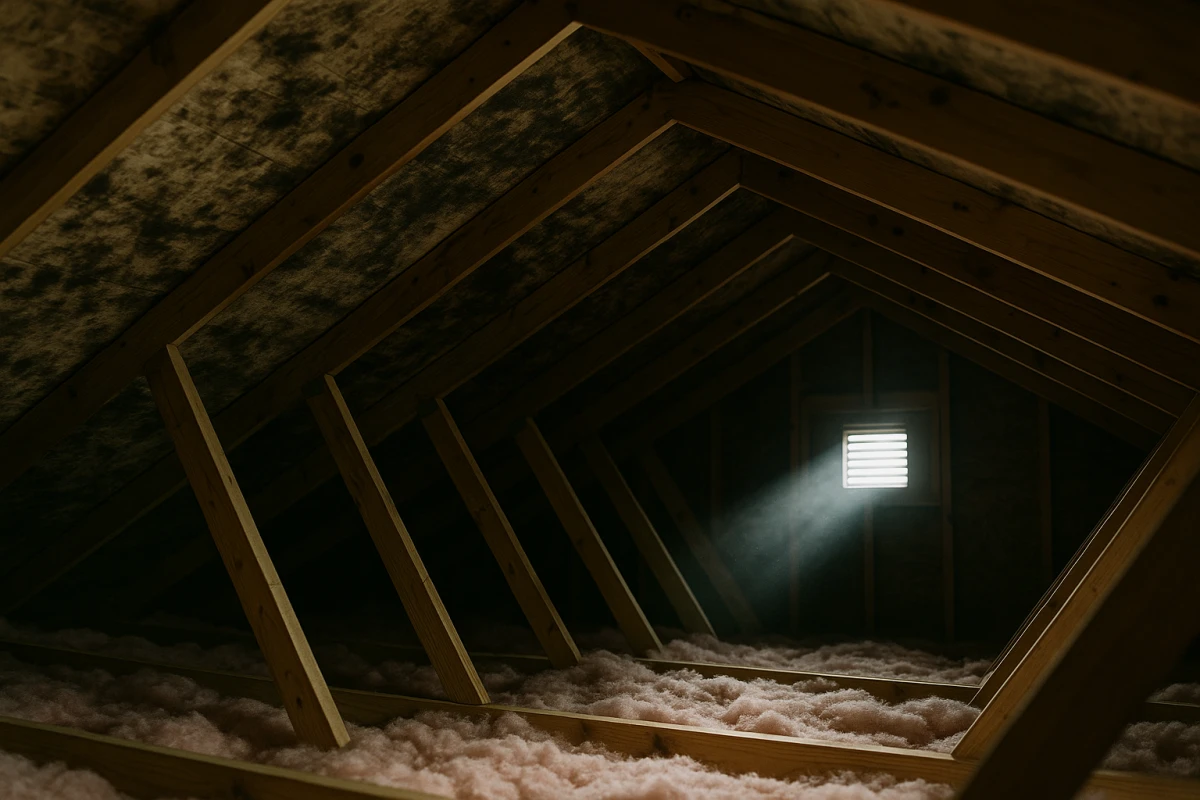 Mold staining on attic roof decking and trusses