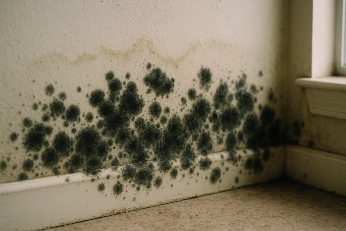 Dark black mold growth on a water-damaged interior wall