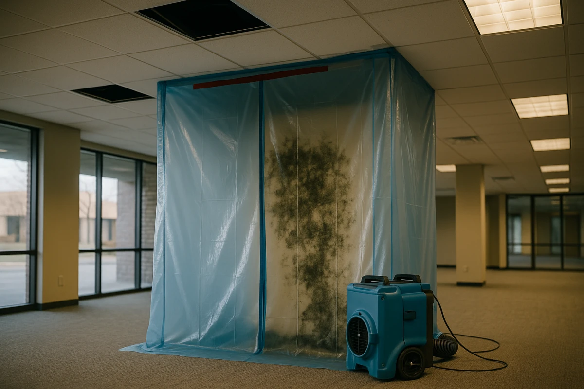 A commercial building interior being remediated for mold