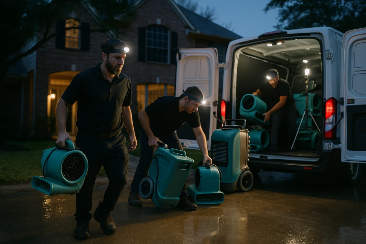 An emergency restoration crew responding to a water and mold event at night