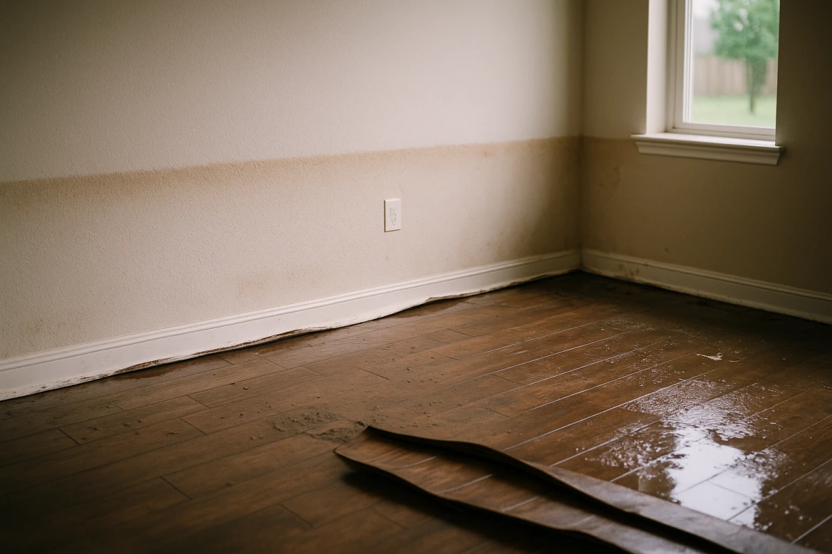 A Katy home with a visible water line and flood-damaged drywall after a storm