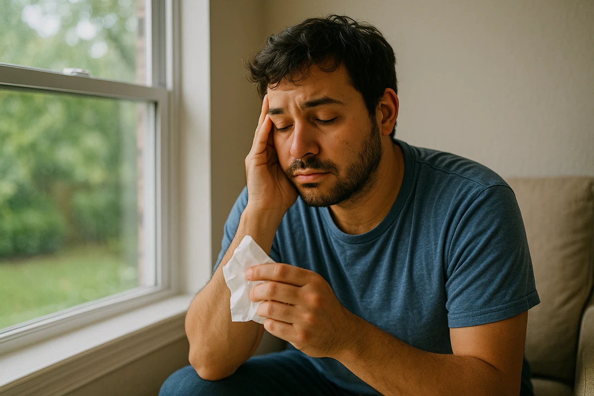 A person at home dealing with allergy symptoms near a window