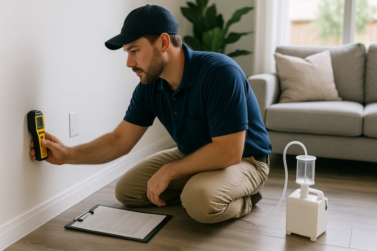 A mold inspector using a moisture meter on a baseboard in a Katy home