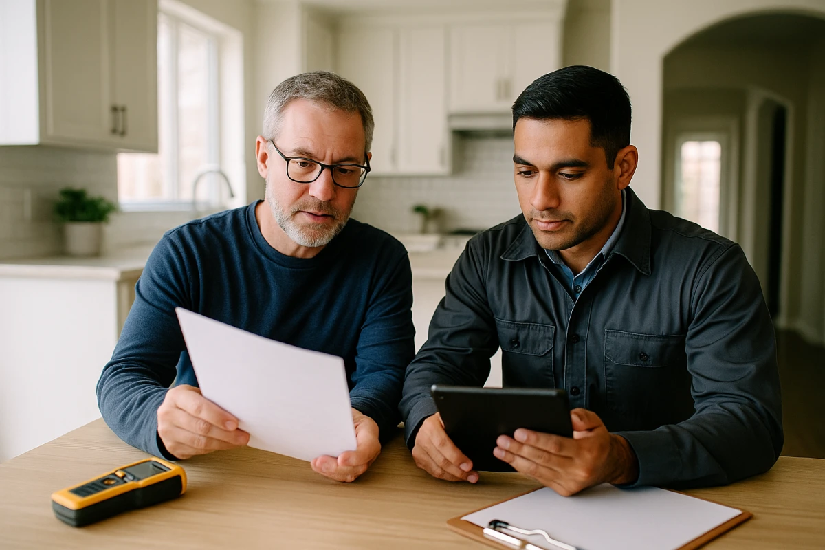 A homeowner reviewing a mold remediation estimate with an inspector in a Katy home