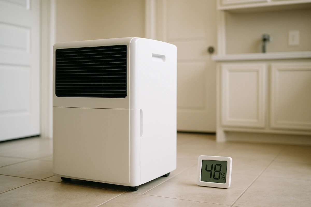A dehumidifier and smart thermostat in a Katy home maintaining low humidity