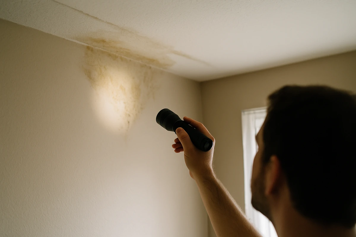A close inspection of a discolored patch on a Katy home wall and ceiling