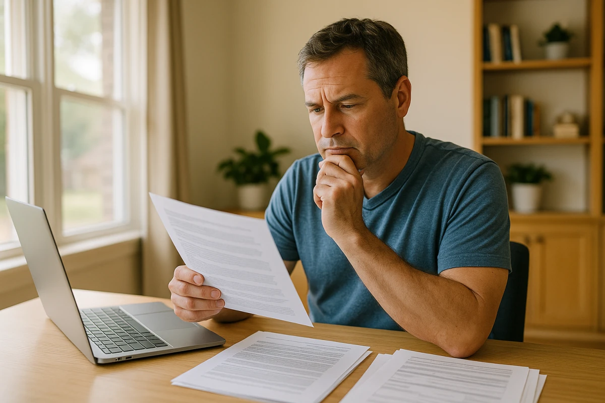 A homeowner reviewing an insurance policy document at a desk in a Katy home
