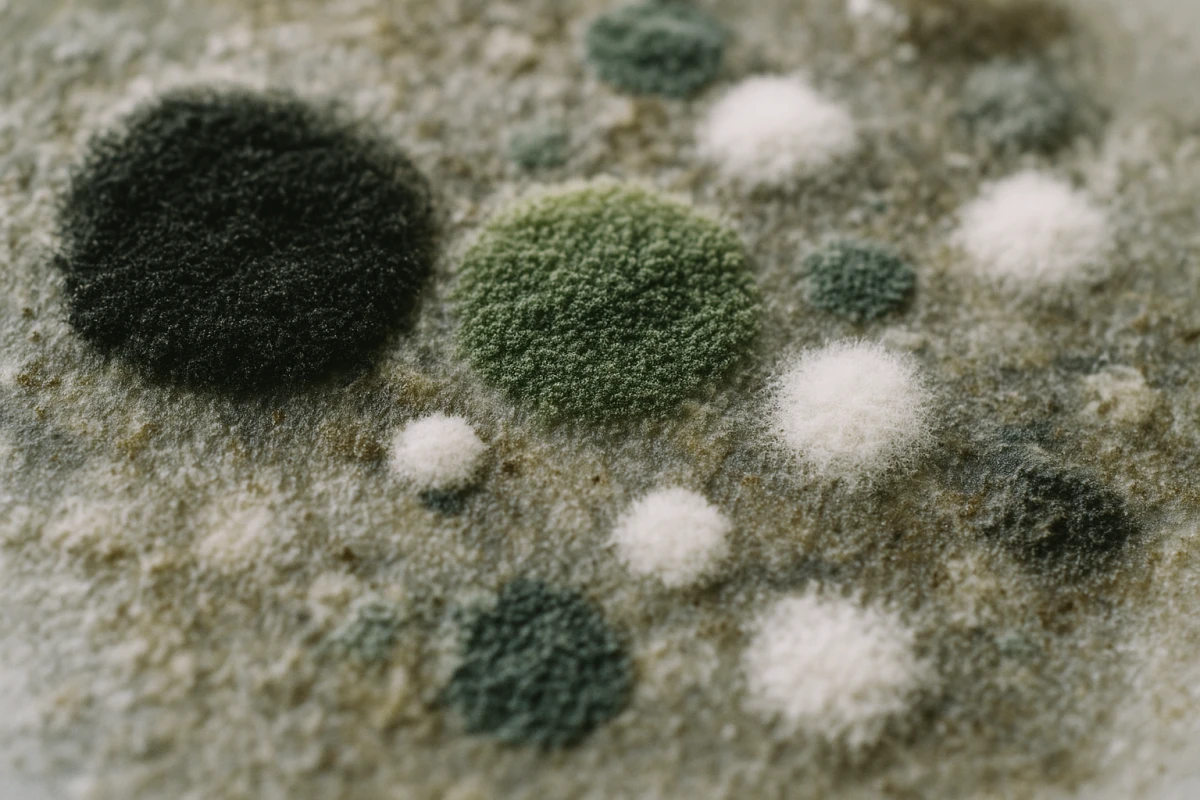 A microscope-style close view of different colored household mold colonies