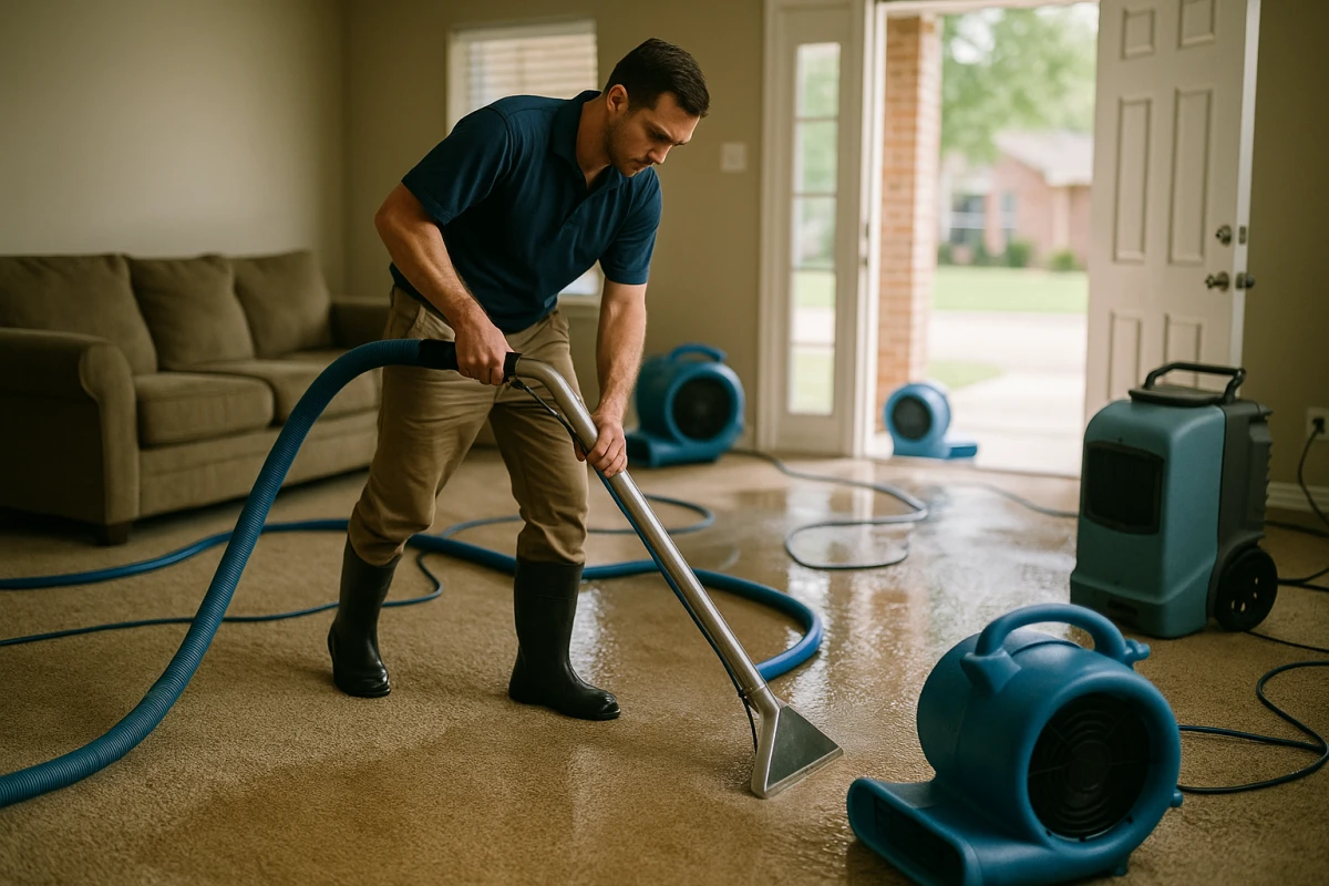A technician extracting water from a flooded Katy home floor