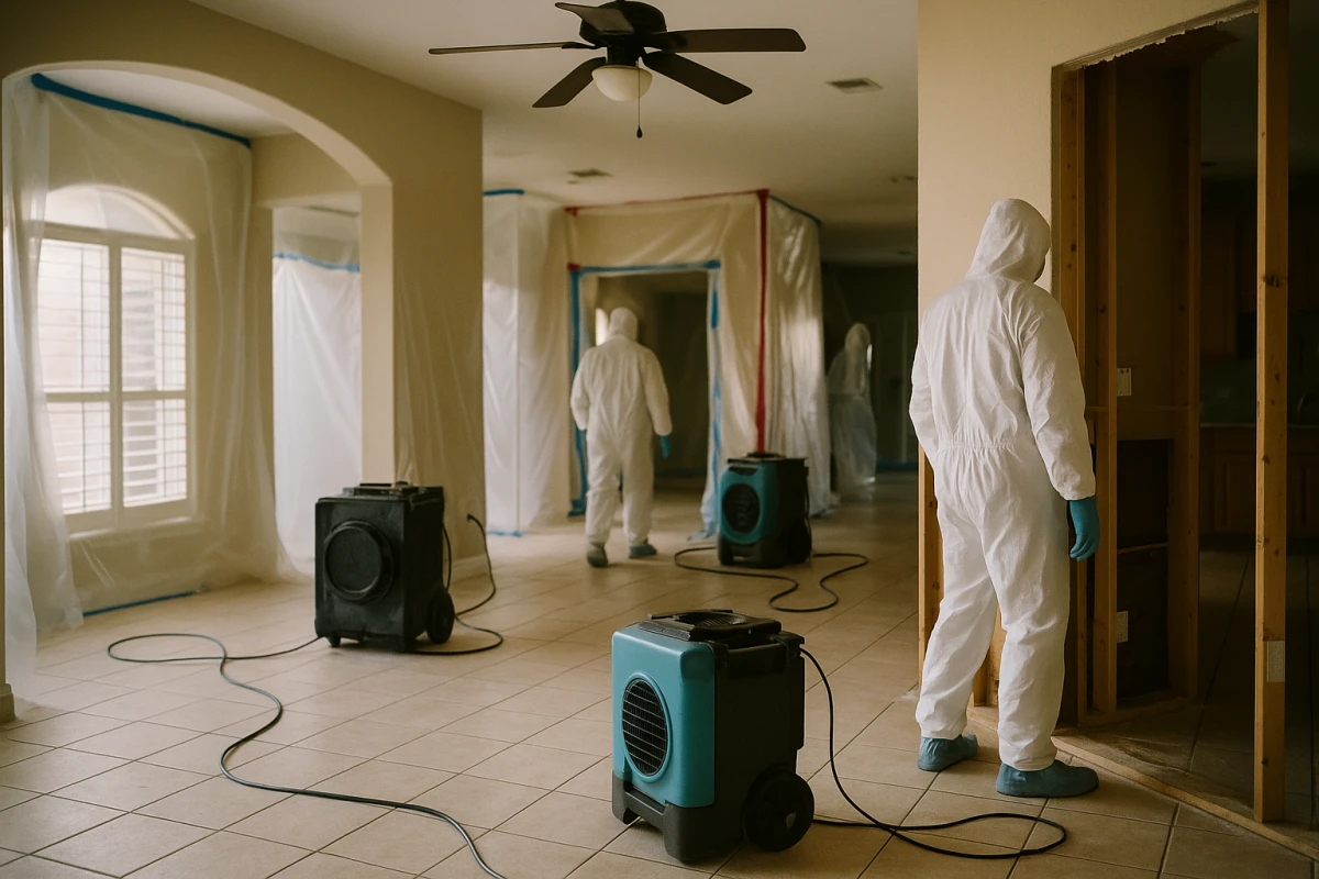 A whole-home remediation project with containment across multiple rooms