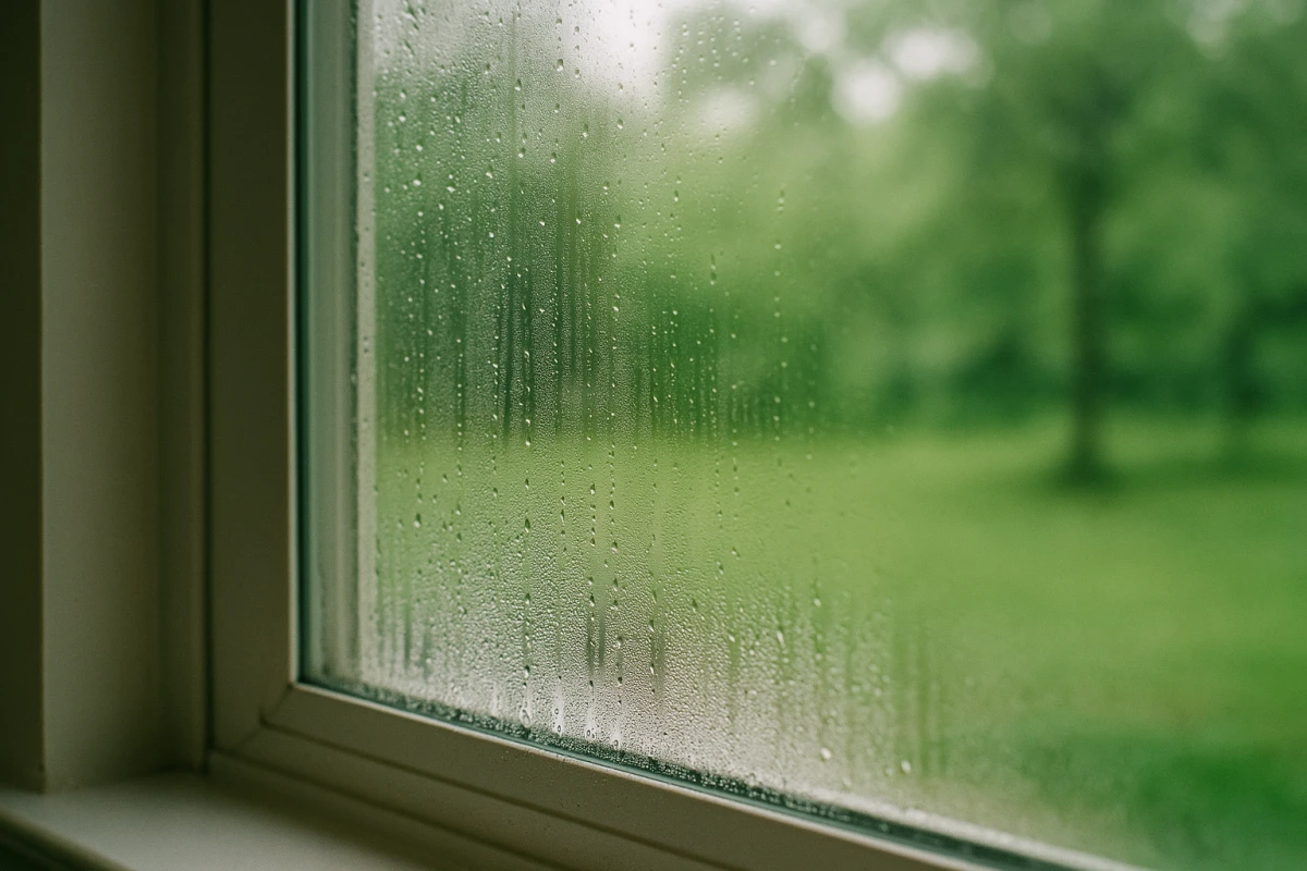 Humid Gulf Coast air and condensation on a window of a Katy home