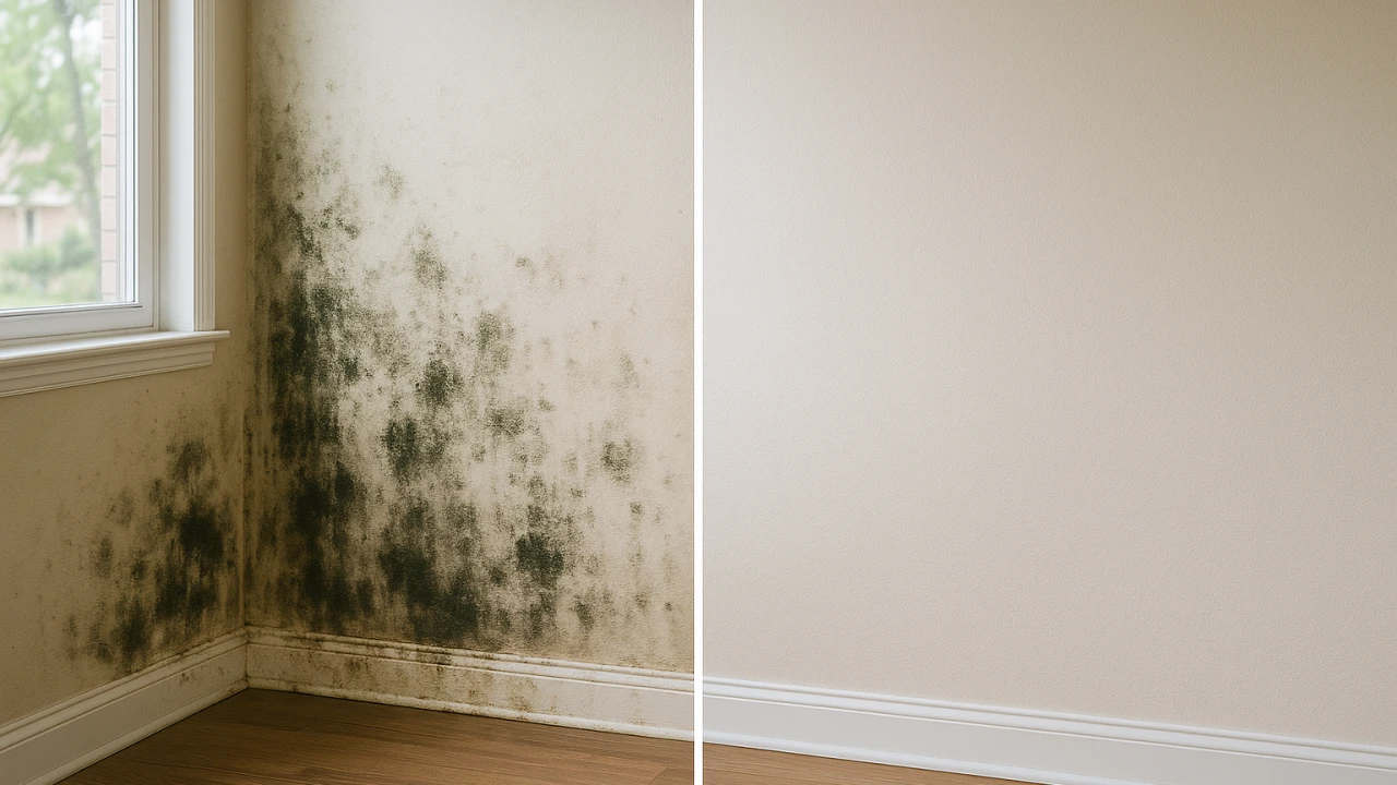 Before and after remediation of a mold-stained interior wall