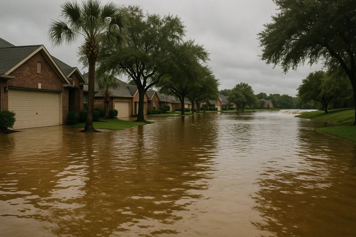 A flooded Katy street with water near home foundations after a storm