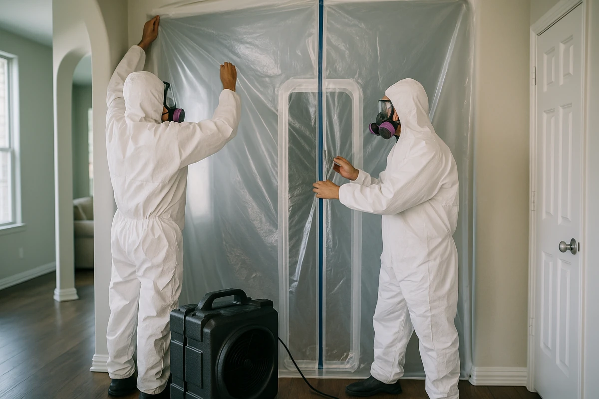 A remediation crew setting up containment plastic inside a Katy home